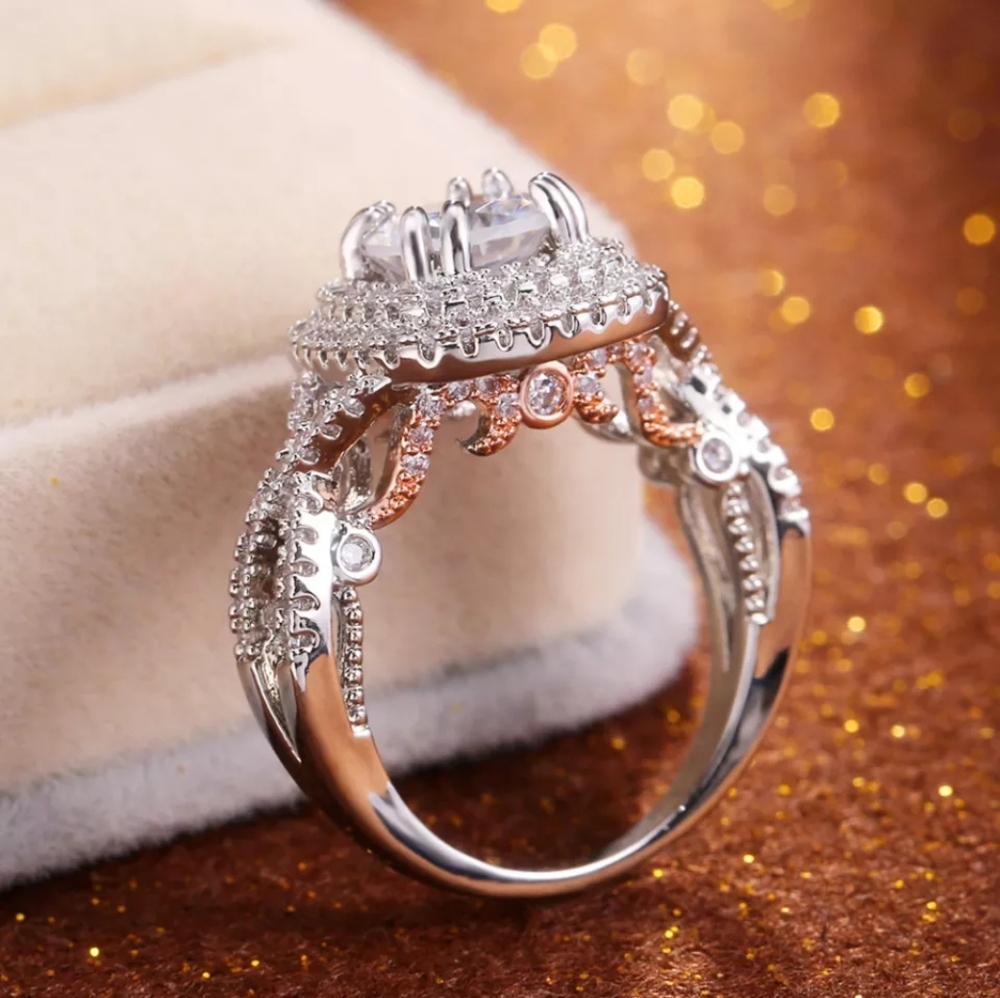 New Siver&Rose Gold Chic Designer Halo Ring